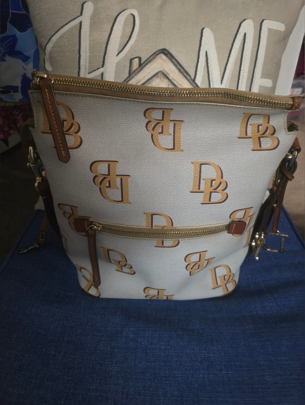 Dooney & Bourke Gray and Tan Monogram Shoulder Bag With D, B, Purse Charms